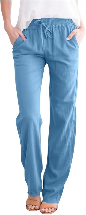 Linen Pants for Women Summer Casual Elastic Drawstring Waist Lightweight Pants Solid Wide Leg Trousers with Pockets
