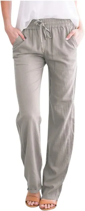 Linen Pants Women Casual Linen High Waist Pants Drawstring Loose Fit Summer Pants Trousers with Side Pockets
