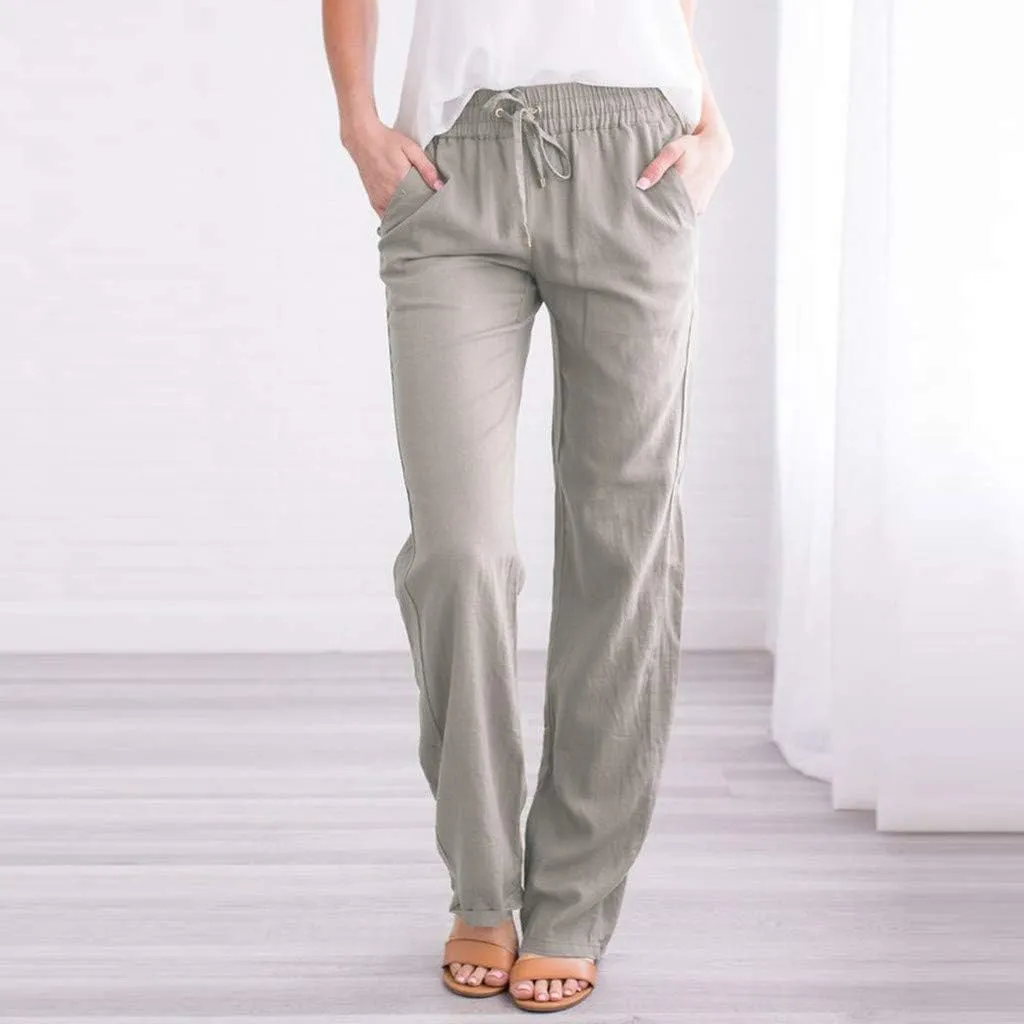 Linen Pants Women Casual Linen High Waist Pants Drawstring Loose Fit Summer Pants Trousers with Side Pockets