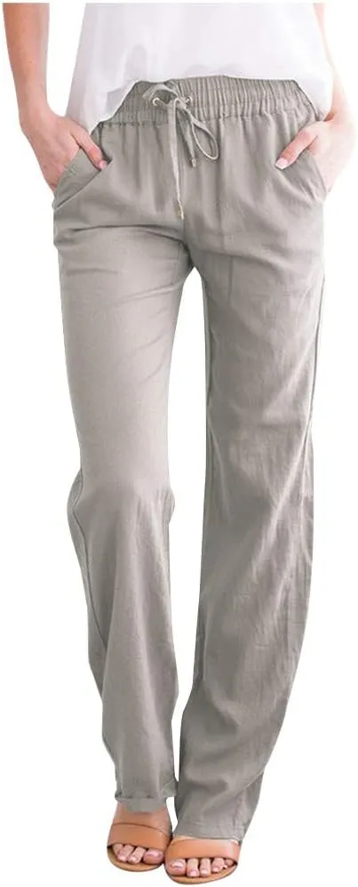 Linen Pants Women Casual Linen High Waist Pants Drawstring Loose Fit Summer Pants Trousers with Side Pockets