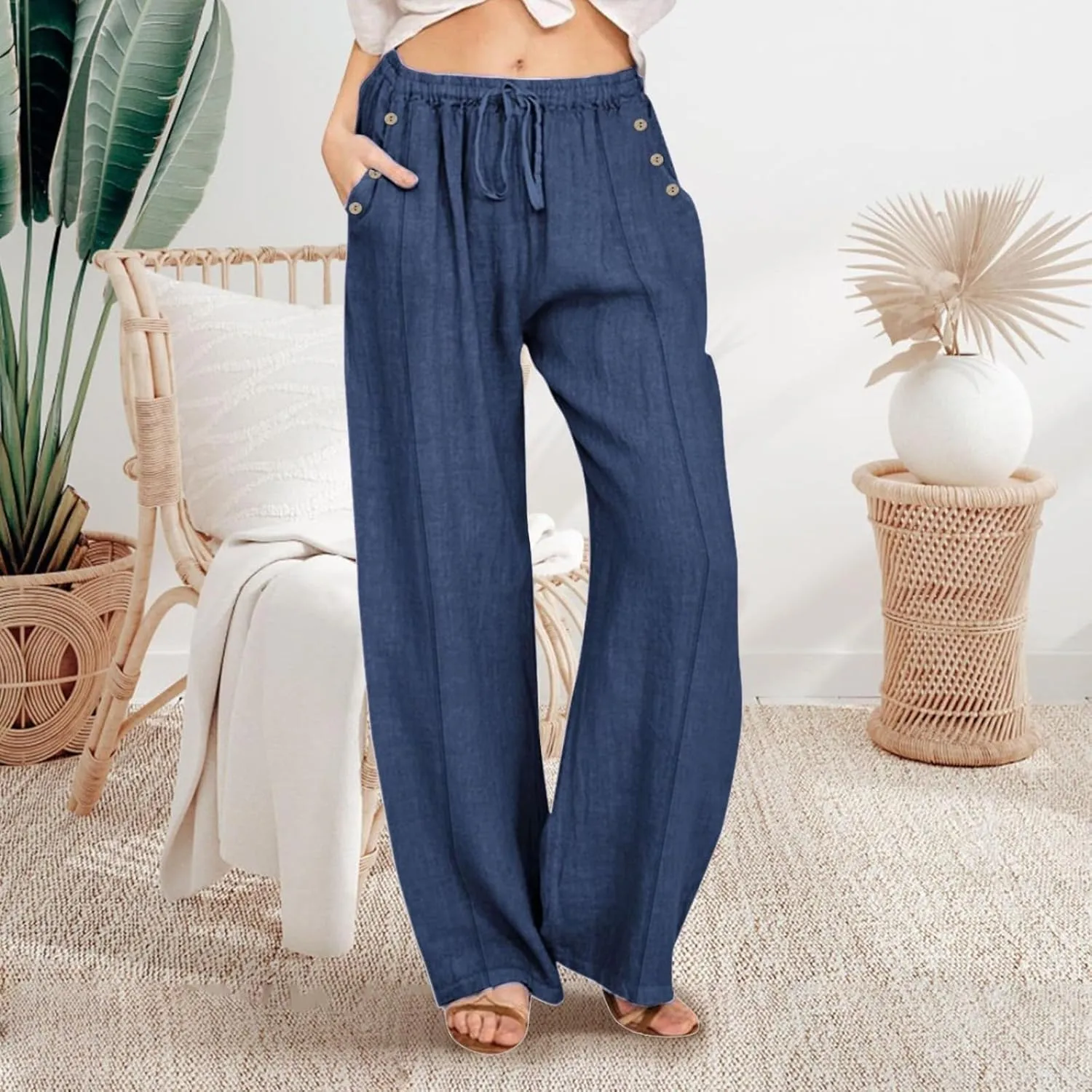 Linen Pants Women Plus Size Palazzo Pants Wide Leg Pant Loose Fit Casual Comfy Lounge Flowy High Waist Trousers