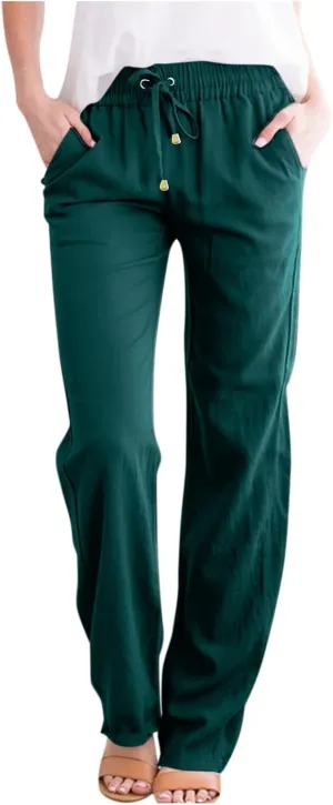 Linen Pants Women Summer Casual Lightweight Elastic High Waisted Work Pants Loose Fit Trouser Pants with Pockets