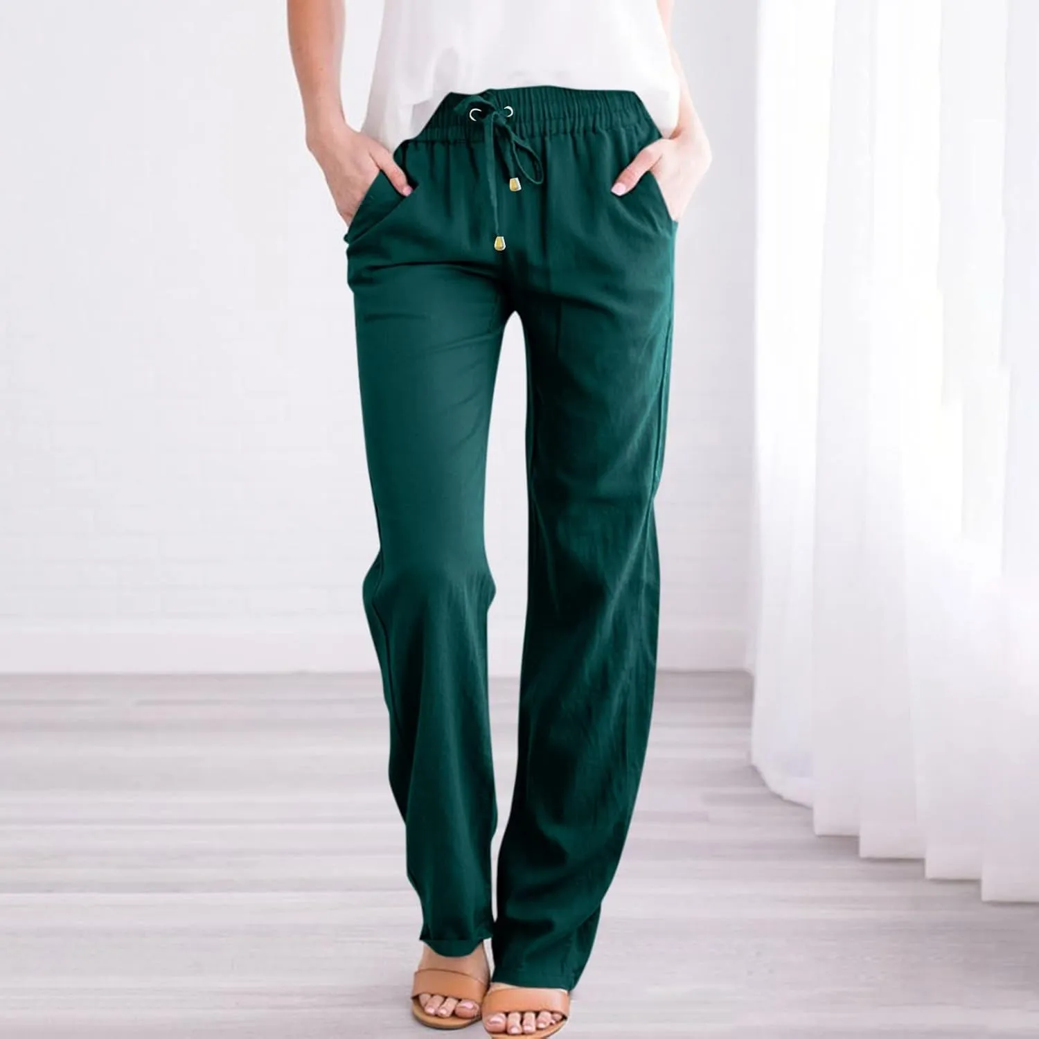 Linen Pants Women Summer Casual Lightweight Elastic High Waisted Work Pants Loose Fit Trouser Pants with Pockets