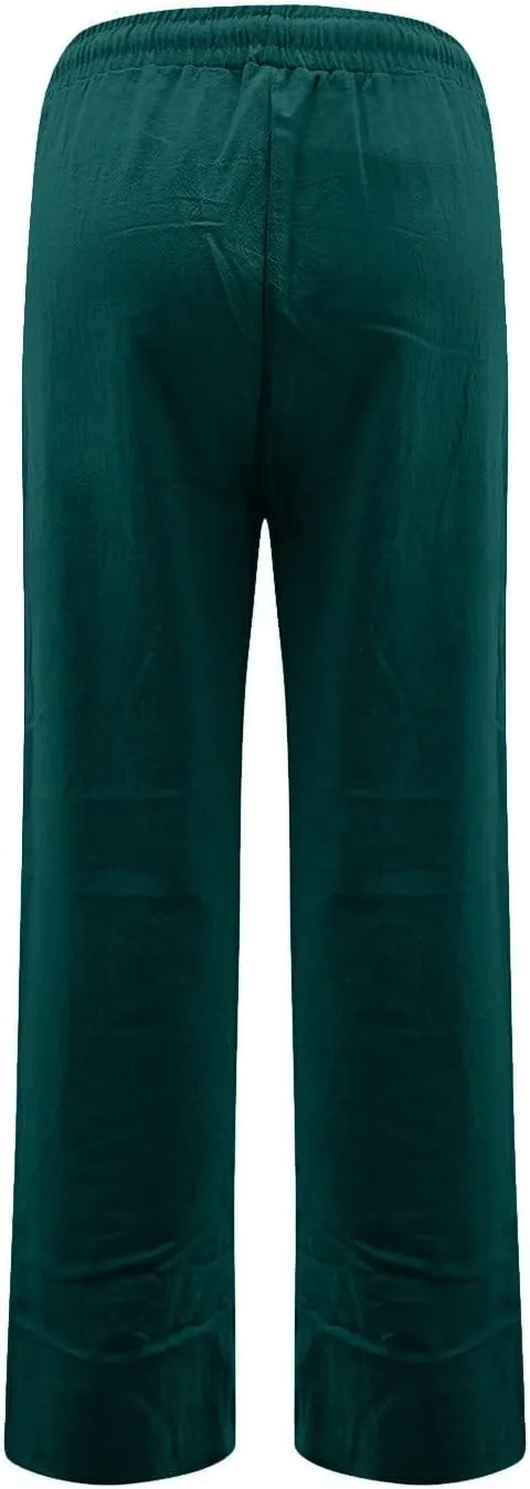Linen Pants Women Summer Casual Lightweight Elastic High Waisted Work Pants Loose Fit Trouser Pants with Pockets