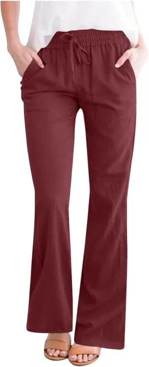 Linen Pants Women Summer Drawstring Plus Size Linen Pants for Women Casual Baggy High Waisted Pants Trousers