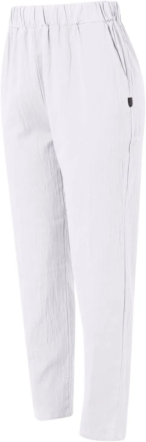 Linen Pants Women Summer Leg Pants Fashion Drawstring Elastic Trousers Comfy Straight Leg Long Pants with Pockets