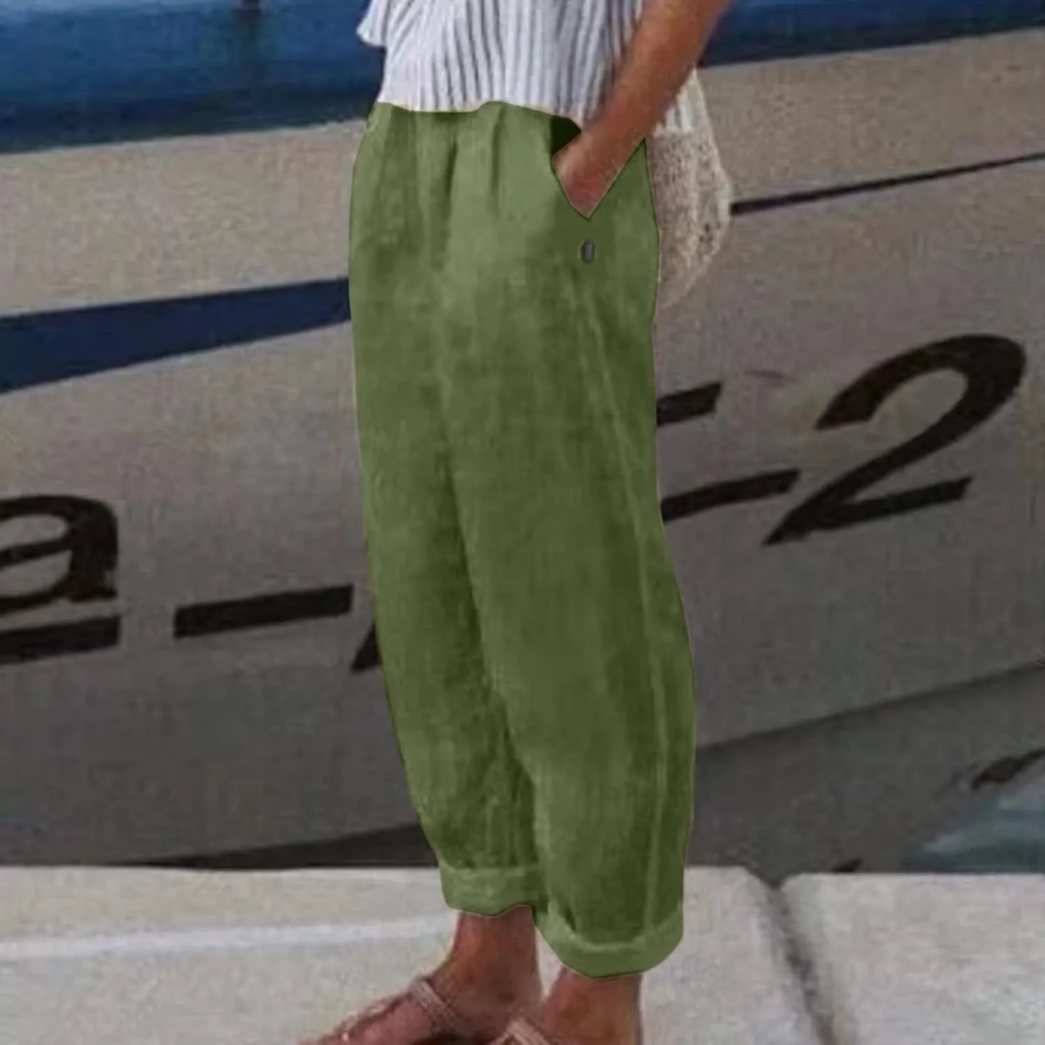 Linen Pants Women Summer Leg Pants Fashion Drawstring Elastic Trousers Comfy Straight Leg Long Pants with Pockets