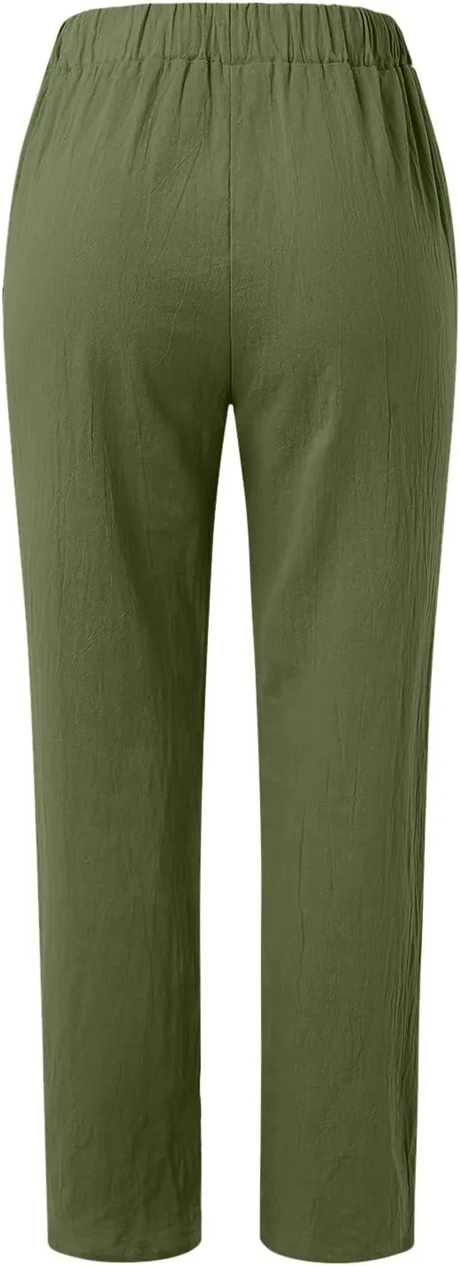 Linen Pants Women Summer Leg Pants Fashion Drawstring Elastic Trousers Comfy Straight Leg Long Pants with Pockets