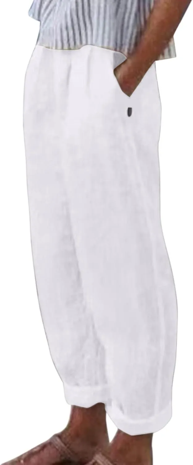 Linen Pants Women Summer Leg Pants Fashion Drawstring Elastic Trousers Comfy Straight Leg Long Pants with Pockets