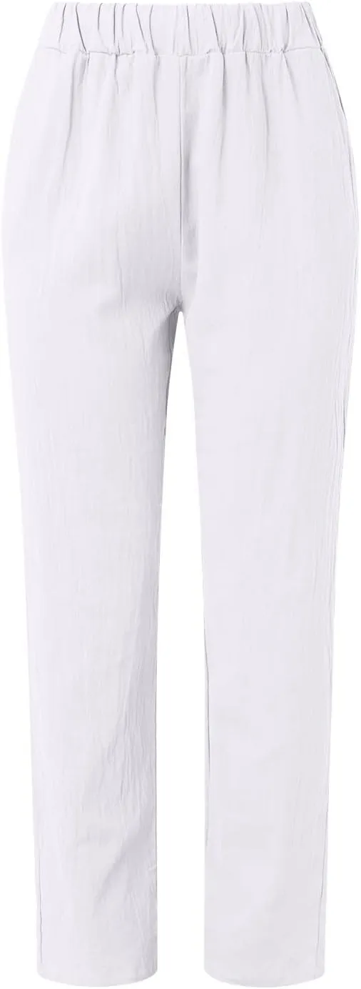Linen Pants Women Summer Leg Pants Fashion Drawstring Elastic Trousers Comfy Straight Leg Long Pants with Pockets