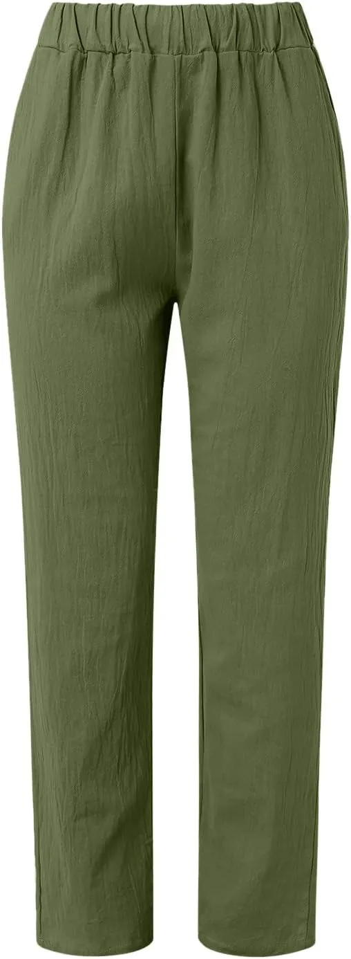 Linen Pants Women Summer Leg Pants Fashion Drawstring Elastic Trousers Comfy Straight Leg Long Pants with Pockets