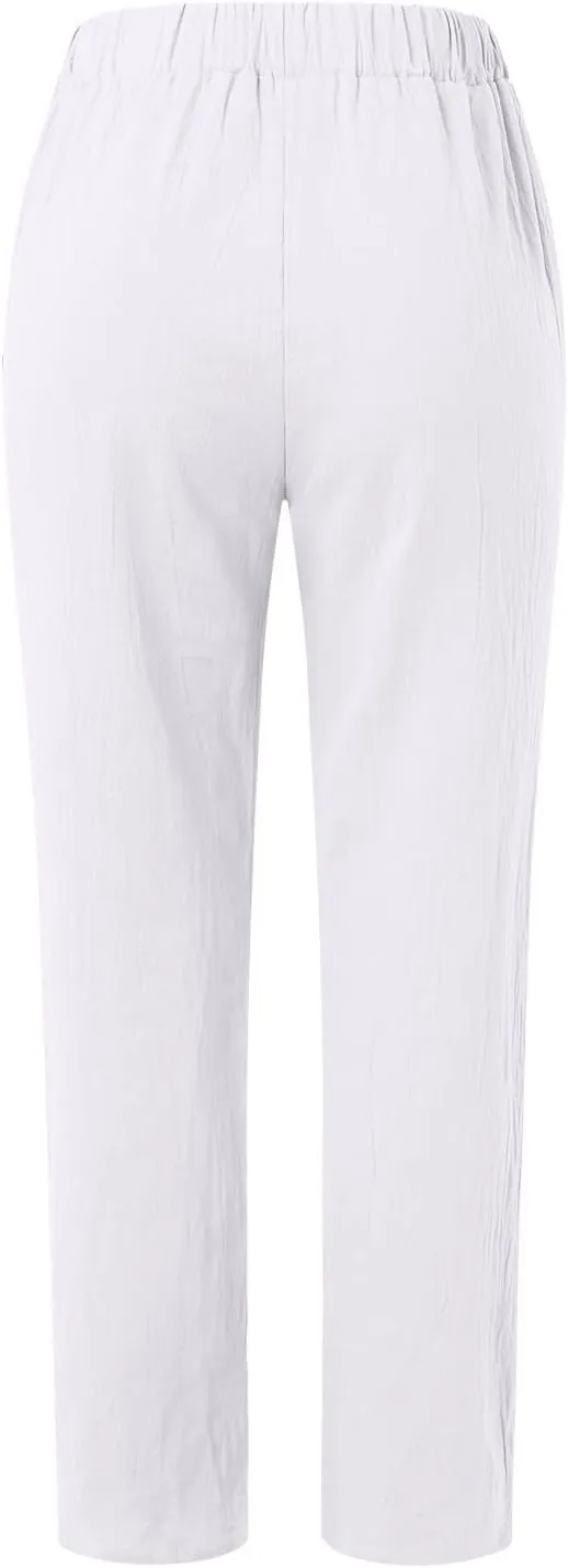 Linen Pants Women Summer Leg Pants Fashion Drawstring Elastic Trousers Comfy Straight Leg Long Pants with Pockets