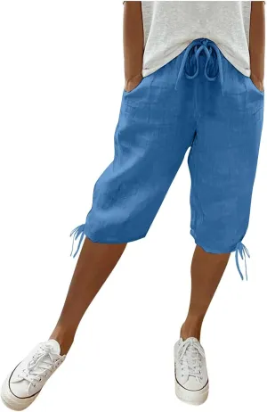 Linen Pants Women Summer Pants Ladies Loose Drawstring Casual Solid Color Shorts Wide Leg Casual Cotton Linen Pants