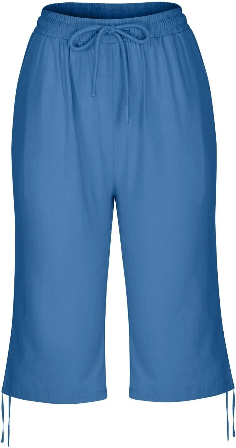 Linen Pants Women Summer Pants Ladies Loose Drawstring Casual Solid Color Shorts Wide Leg Casual Cotton Linen Pants