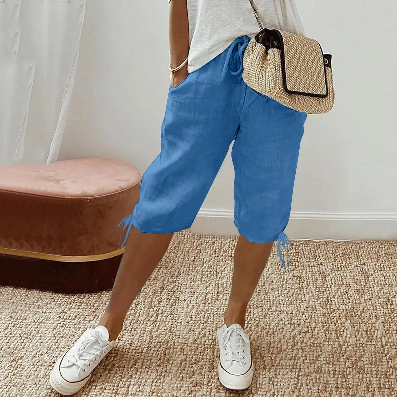Linen Pants Women Summer Pants Ladies Loose Drawstring Casual Solid Color Shorts Wide Leg Casual Cotton Linen Pants