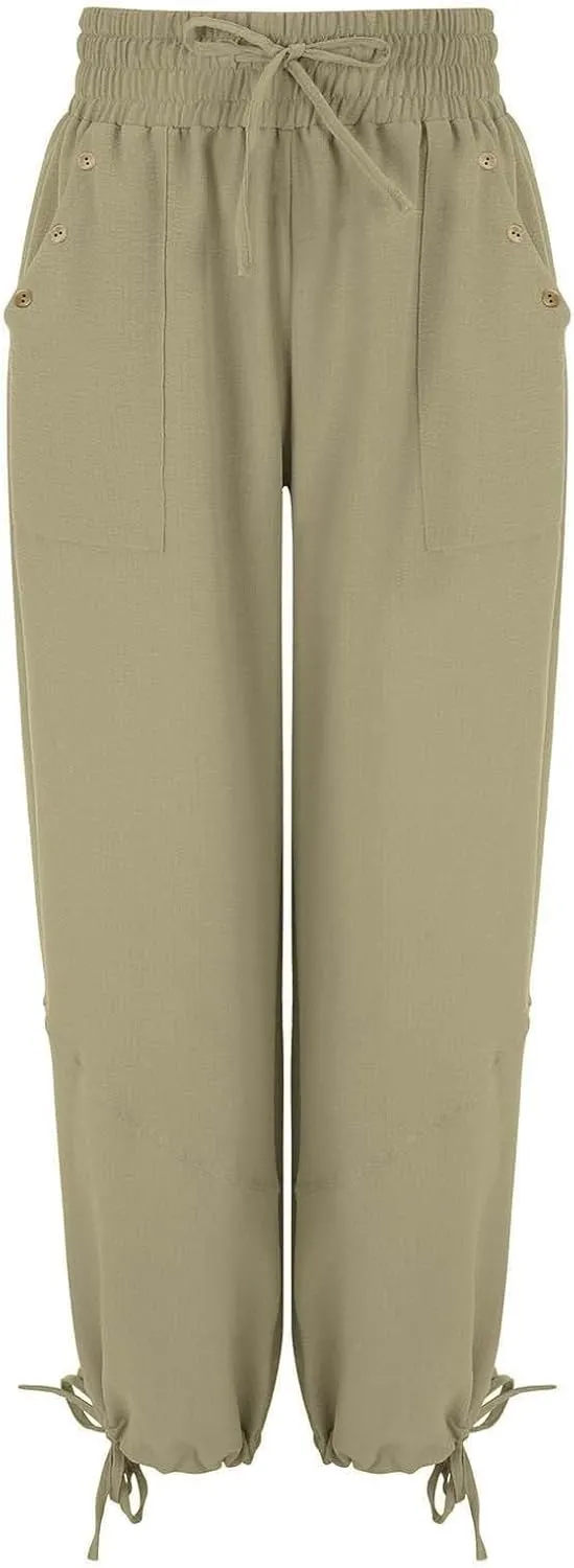 Litetao Linen Pants Women Summer Short Womens Casual Elastic Drawstring Pants Straight Trousers with Pockets Cargo Pants