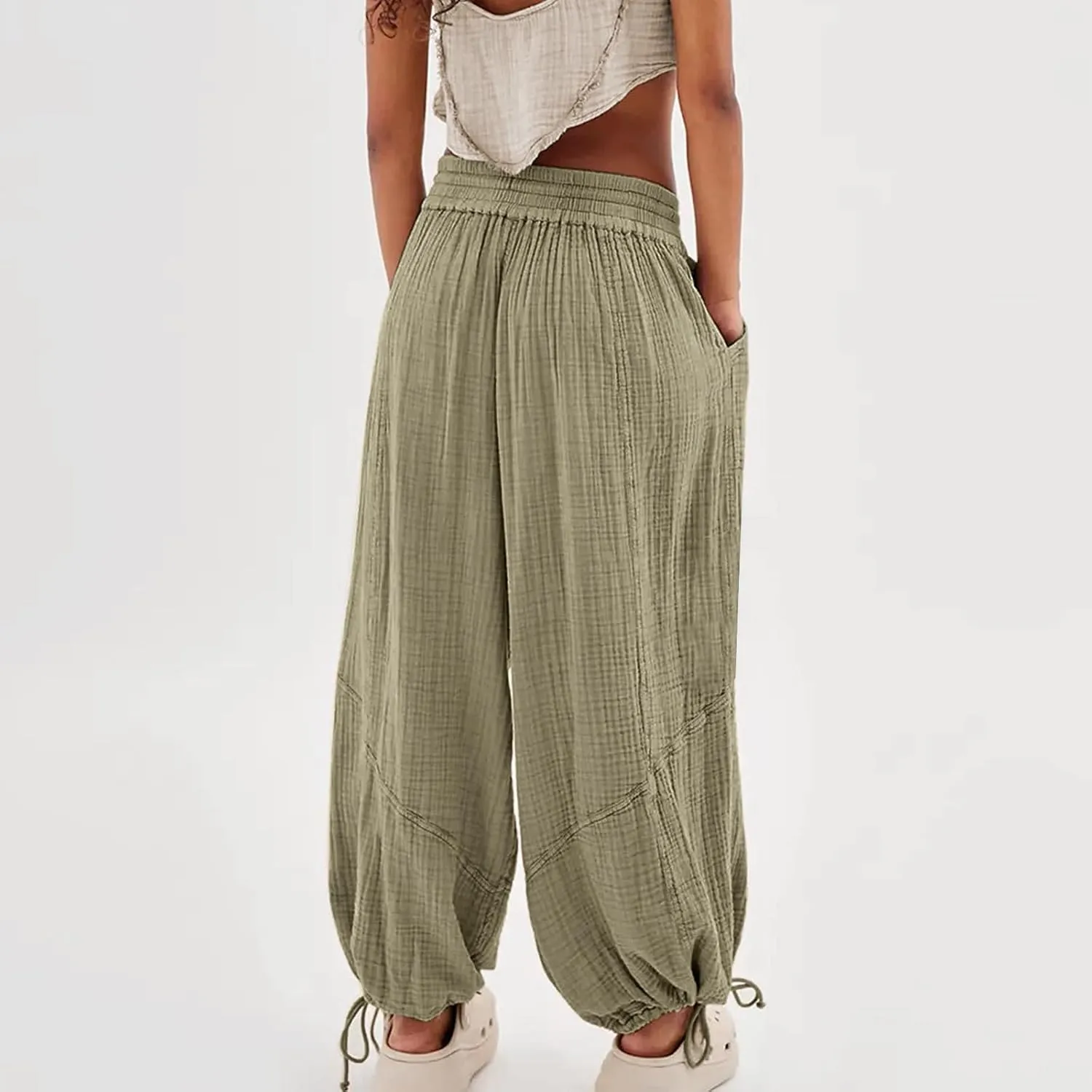 Litetao Linen Pants Women Summer Short Womens Casual Elastic Drawstring Pants Straight Trousers with Pockets Cargo Pants