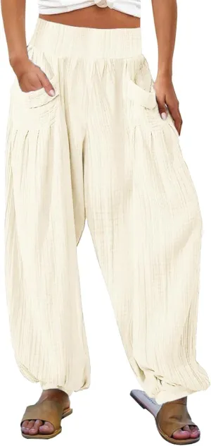 Litetao Linen Pants Women Summer Short Womens Casual Elastic Drawstring Pants Straight Trousers with Pockets Cargo Pants