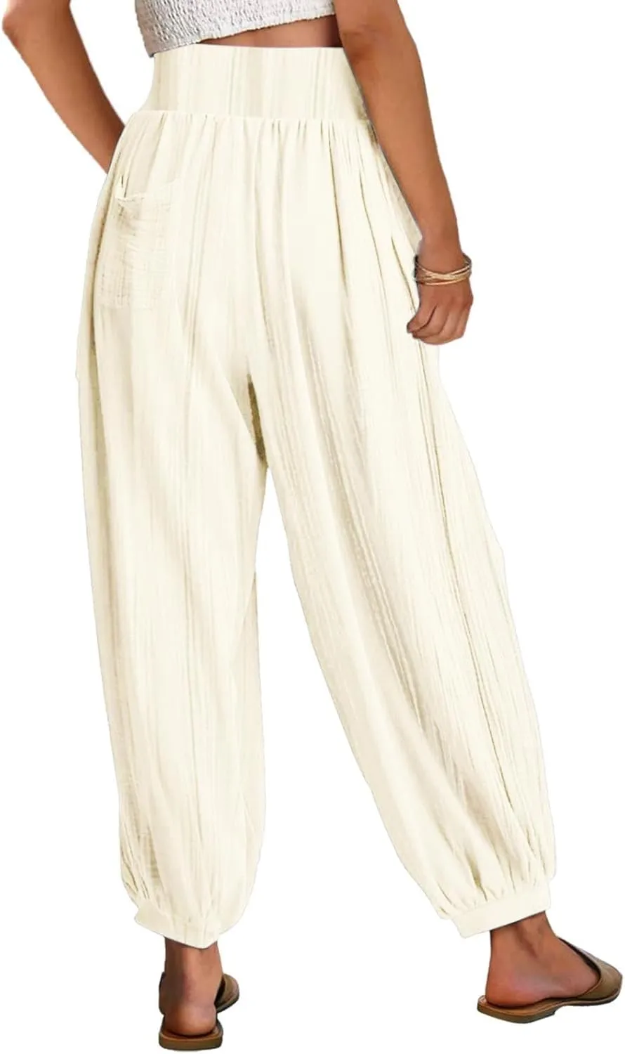 Litetao Linen Pants Women Summer Short Womens Casual Elastic Drawstring Pants Straight Trousers with Pockets Cargo Pants