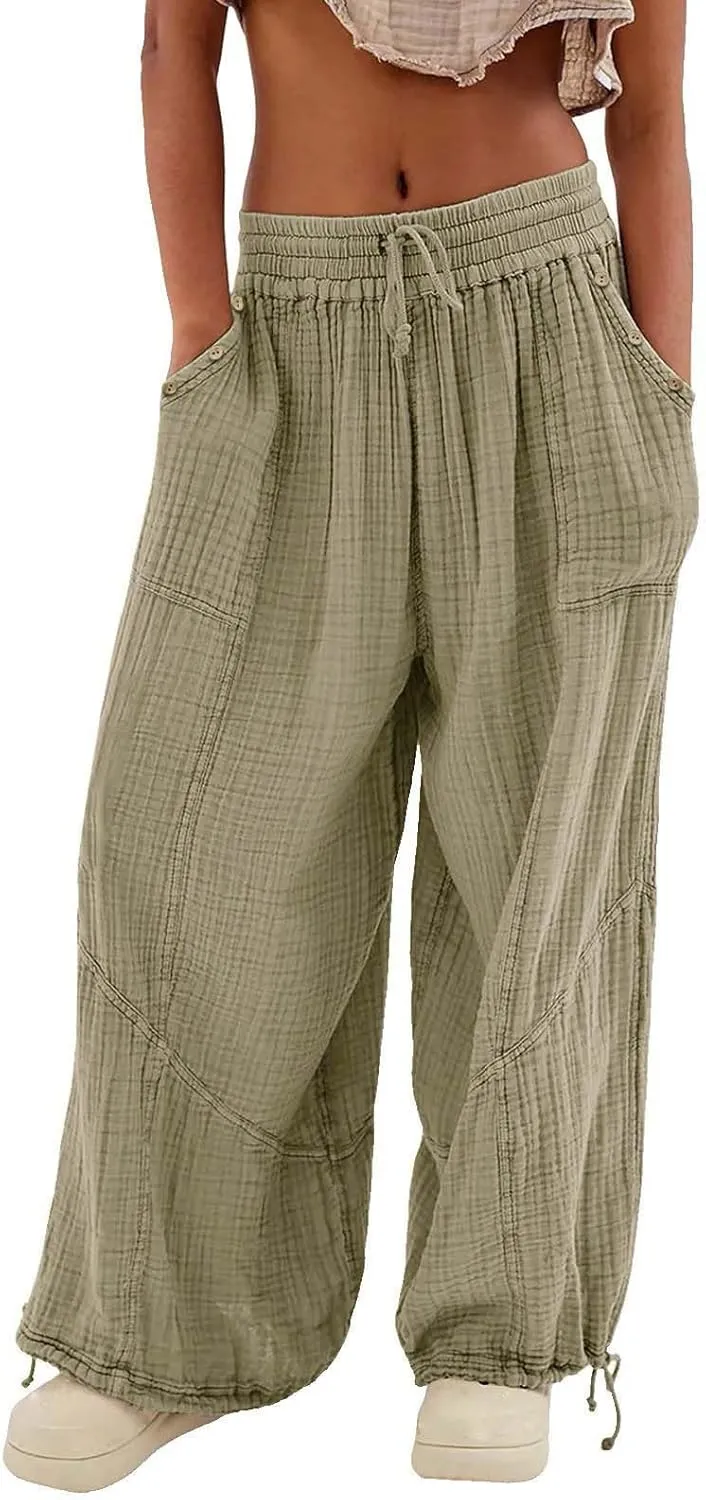 Litetao Linen Pants Women Summer Short Womens Casual Elastic Drawstring Pants Straight Trousers with Pockets Cargo Pants