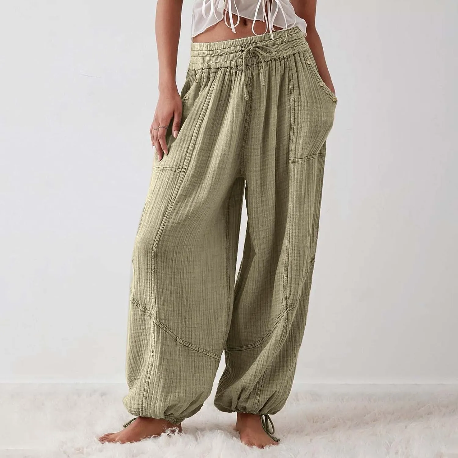 Litetao Linen Pants Women Summer Short Womens Casual Elastic Drawstring Pants Straight Trousers with Pockets Cargo Pants