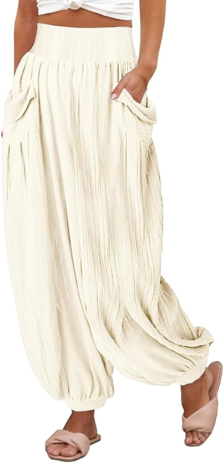 Litetao Linen Pants Women Summer Short Womens Casual Elastic Drawstring Pants Straight Trousers with Pockets Cargo Pants