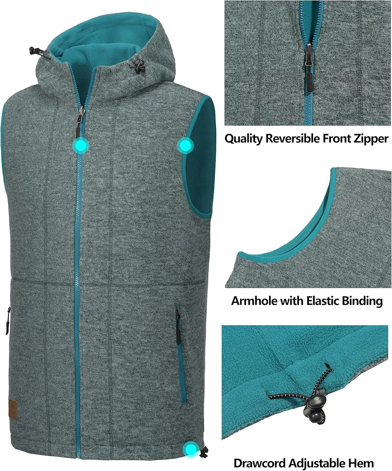 Little Donkey Andy Men's Reversible Fleece Vest Lightweight Warm Sleeveless Jacket with Hood for Hiking Walking Travel