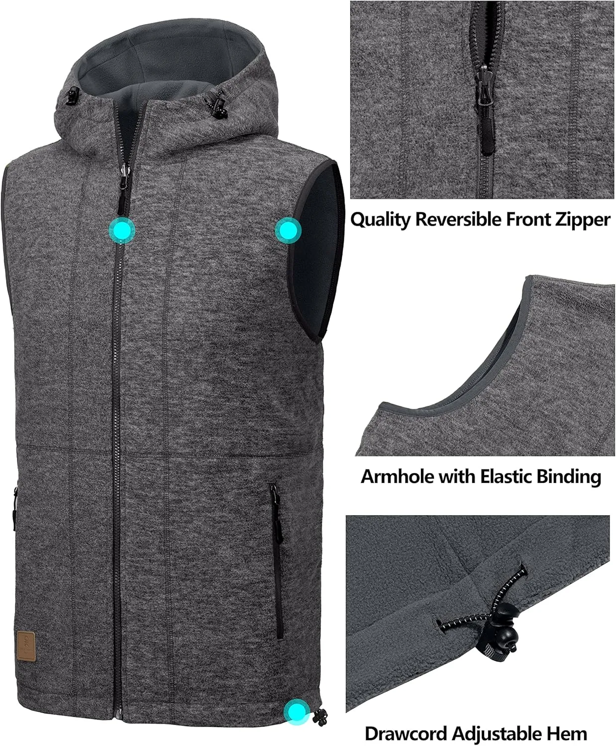 Little Donkey Andy Men's Reversible Fleece Vest Lightweight Warm Sleeveless Jacket with Hood for Hiking Walking Travel