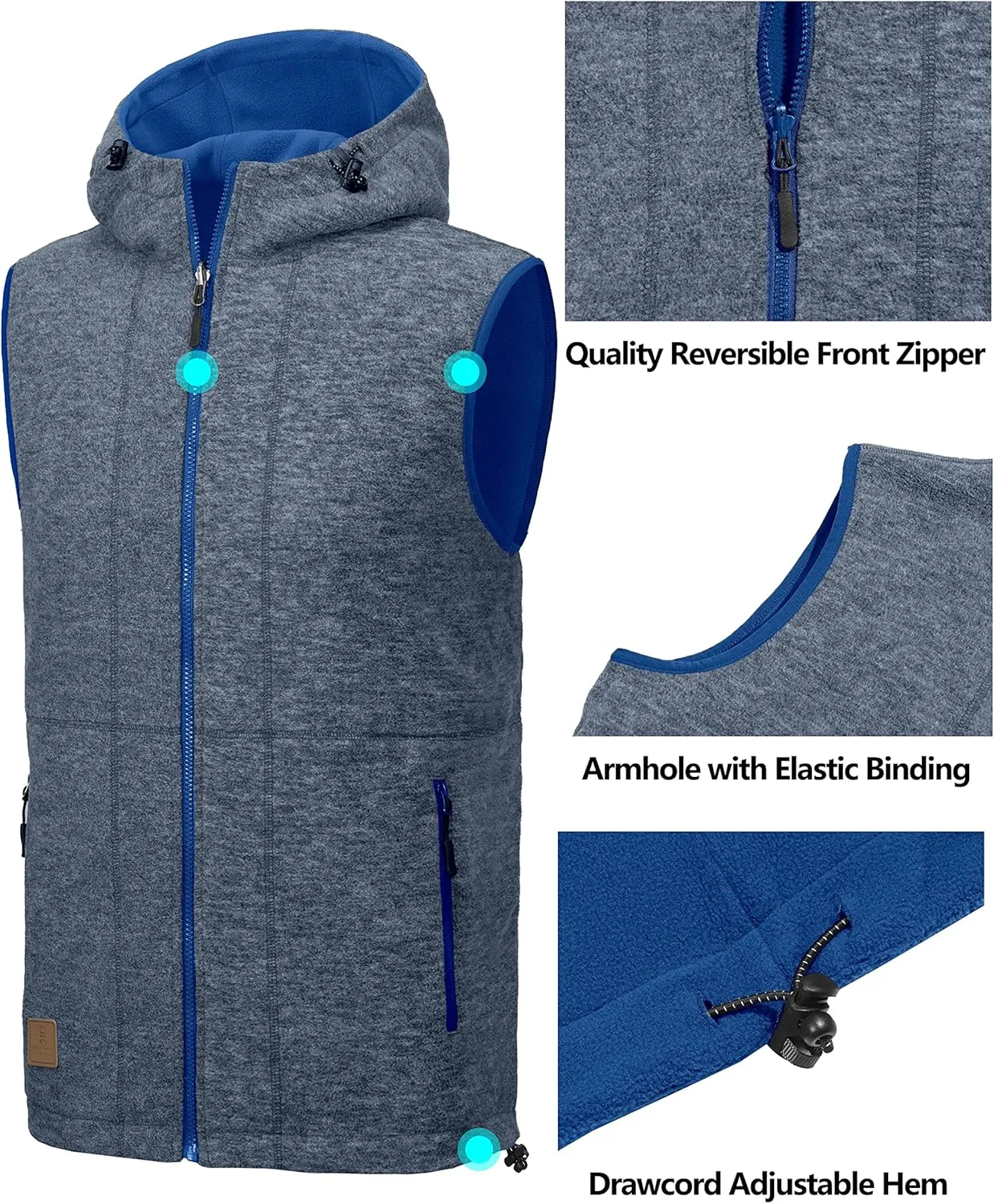 Little Donkey Andy Men's Reversible Fleece Vest Lightweight Warm Sleeveless Jacket with Hood for Hiking Walking Travel