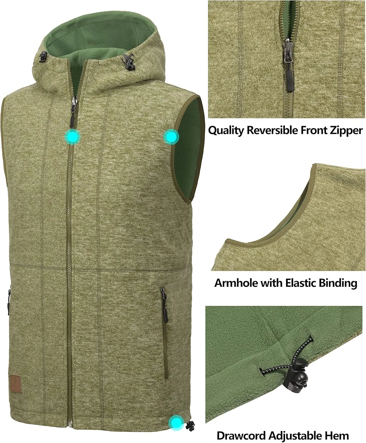 Little Donkey Andy Men's Reversible Fleece Vest Lightweight Warm Sleeveless Jacket with Hood for Hiking Walking Travel