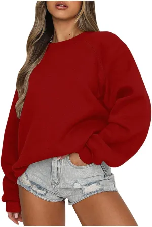 Long Sleeve Crewneck Sweatshirts for Women Oversized Drop Shoulder Fleece Pullover Tops Casual Loose Sweater Shirts