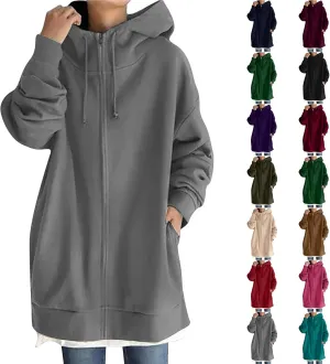 Long Zip Up Hoodies for Women Casual Long Sleeve Hooded Fleece Jackets Loose Fit Tunic Fall Sweatshirts with Pockets