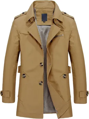 Maiyifu-GJ Mens Military Trench Lightweight Coat Long Sleeve Single Breasted Windbreaker Slim Fit Turn Down Collar Jacket