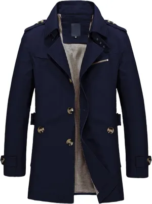 Maiyifu-GJ Mens Military Trench Lightweight Coat Long Sleeve Single Breasted Windbreaker Slim Fit Turn Down Collar Jacket