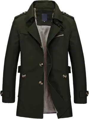 Maiyifu-GJ Mens Military Trench Lightweight Coat Long Sleeve Single Breasted Windbreaker Slim Fit Turn Down Collar Jacket