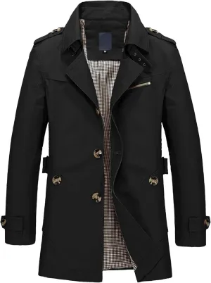 Maiyifu-GJ Mens Military Trench Lightweight Coat Long Sleeve Single Breasted Windbreaker Slim Fit Turn Down Collar Jacket