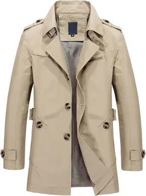 Maiyifu-GJ Mens Military Trench Lightweight Coat Long Sleeve Single Breasted Windbreaker Slim Fit Turn Down Collar Jacket