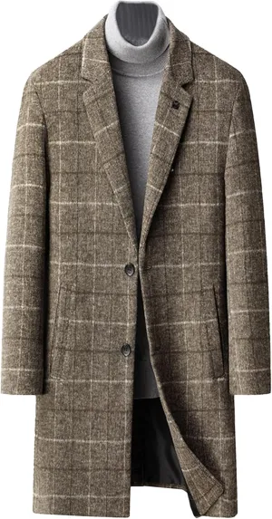 Maiyifu-GJ Mens Plaid Trench Coat Winter Single Breasted Wool Blend Top Pea Coat Classic Stylish Business Overcoat