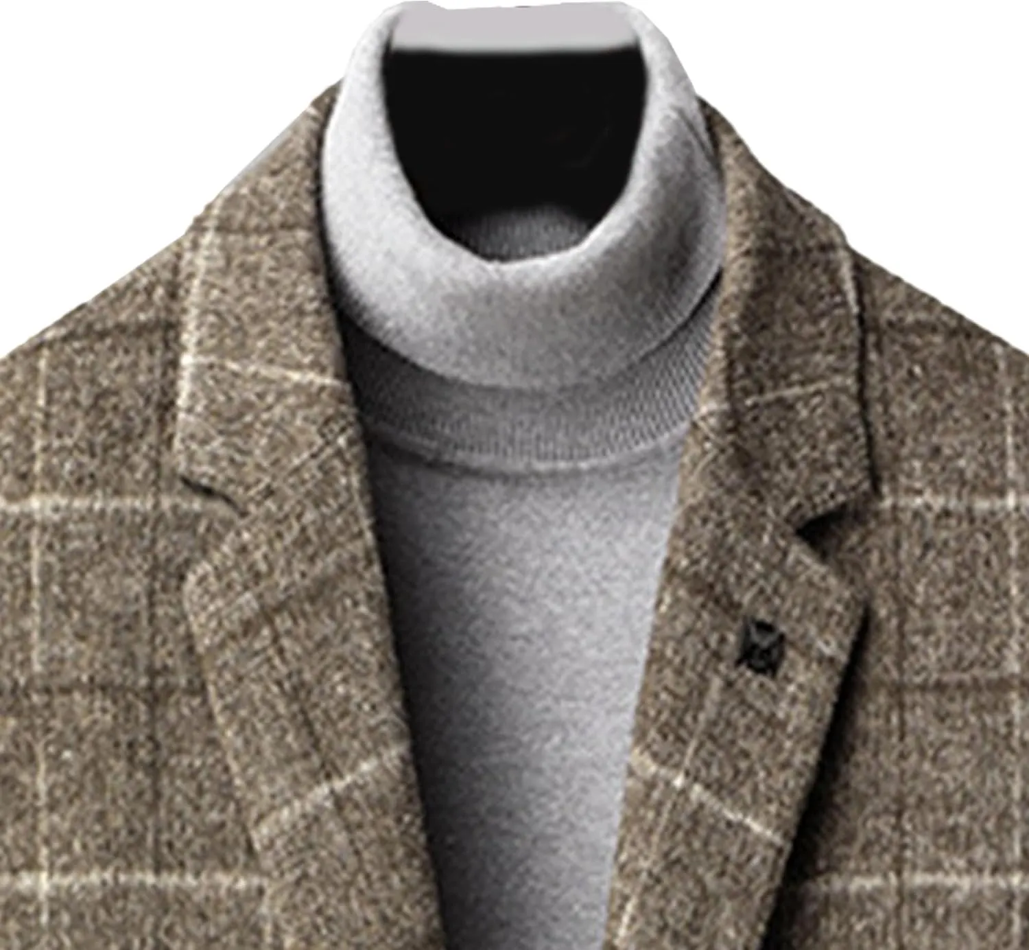 Maiyifu-GJ Mens Plaid Trench Coat Winter Single Breasted Wool Blend Top Pea Coat Classic Stylish Business Overcoat