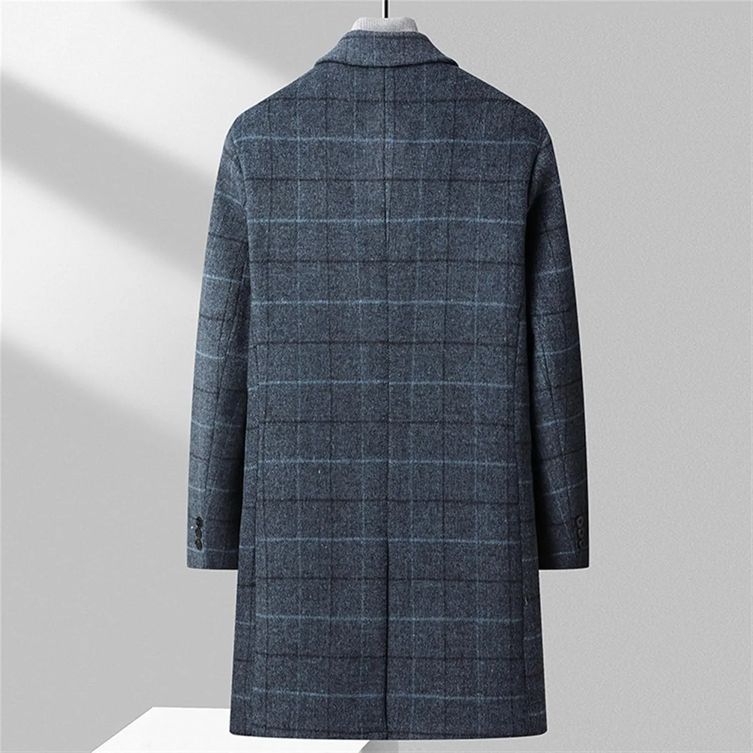 Maiyifu-GJ Mens Plaid Trench Coat Winter Single Breasted Wool Blend Top Pea Coat Classic Stylish Business Overcoat