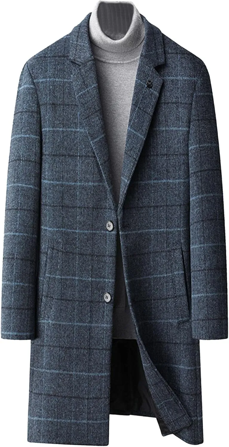 Maiyifu-GJ Mens Plaid Trench Coat Winter Single Breasted Wool Blend Top Pea Coat Classic Stylish Business Overcoat