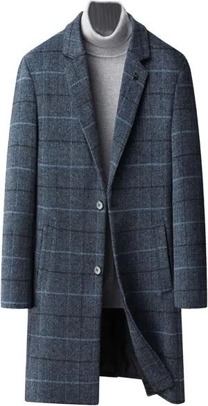 Maiyifu-GJ Mens Plaid Trench Coat Winter Single Breasted Wool Blend Top Pea Coat Classic Stylish Business Overcoat