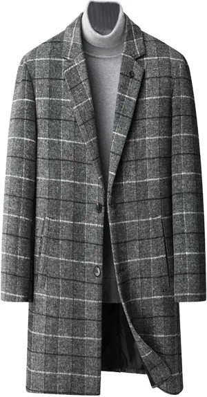 Maiyifu-GJ Mens Plaid Trench Coat Winter Single Breasted Wool Blend Top Pea Coat Classic Stylish Business Overcoat
