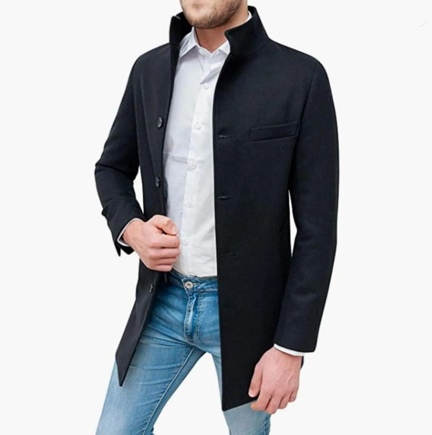 Maiyifu-GJ Mens Single Breasted Trench Coat Winter Warm Blend Pea Coat Lapel Work Business Jacket Outerwear