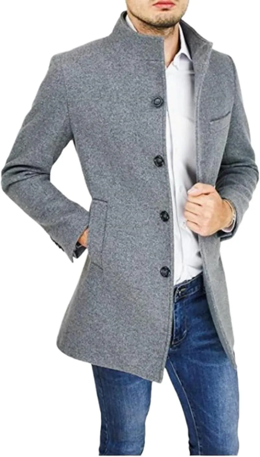 Maiyifu-GJ Mens Single Breasted Trench Coat Winter Warm Blend Pea Coat Lapel Work Business Jacket Outerwear