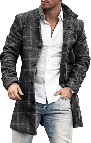Maiyifu-GJ Mens Single Breasted Trench Jacket Winter Slim Fit Wool Blend Pea Coat Warm Lapel Work Business Jacket
