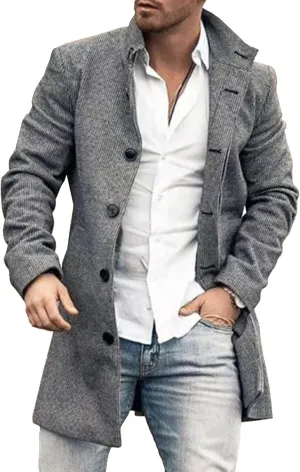 Maiyifu-GJ Mens Single Breasted Trench Jacket Winter Slim Fit Wool Blend Pea Coat Warm Lapel Work Business Jacket