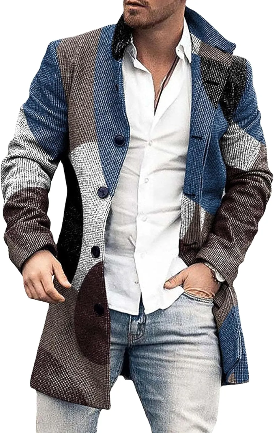 Maiyifu-GJ Mens Single Breasted Trench Jacket Winter Slim Fit Wool Blend Pea Coat Warm Lapel Work Business Jacket