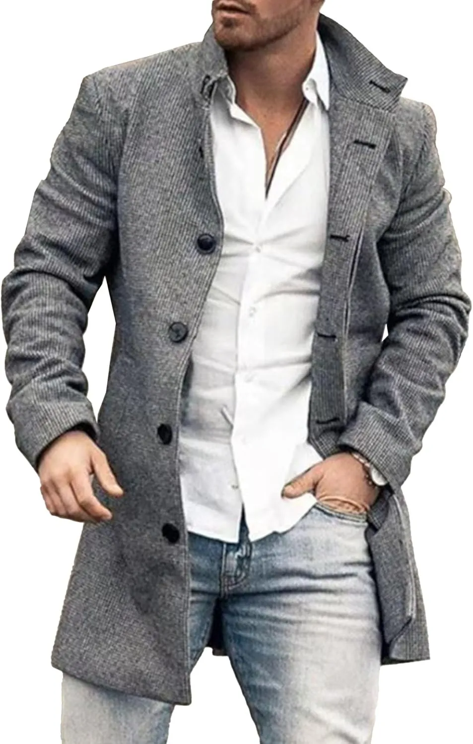 Maiyifu-GJ Mens Single Breasted Trench Jacket Winter Slim Fit Wool Blend Pea Coat Warm Lapel Work Business Jacket