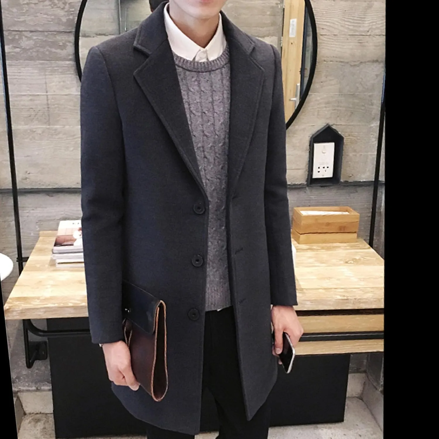 Maiyifu-GJ Men's Wool Blend Pea Coat Notched Lapel Single Breasted Long Peacoat Overcoat Warm Winter Trench Coat